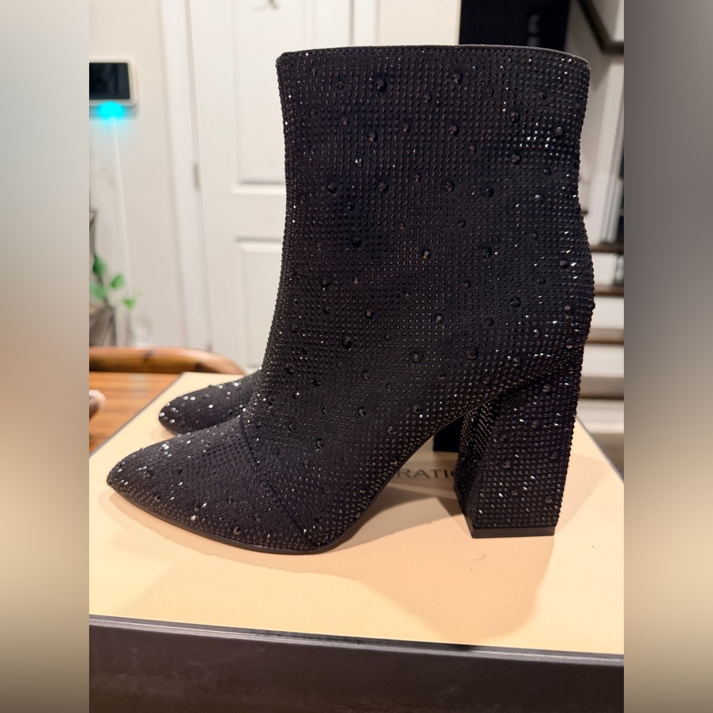 BCBGeneration Black Crystal-Embellished Pointed Toe Ankle Boots